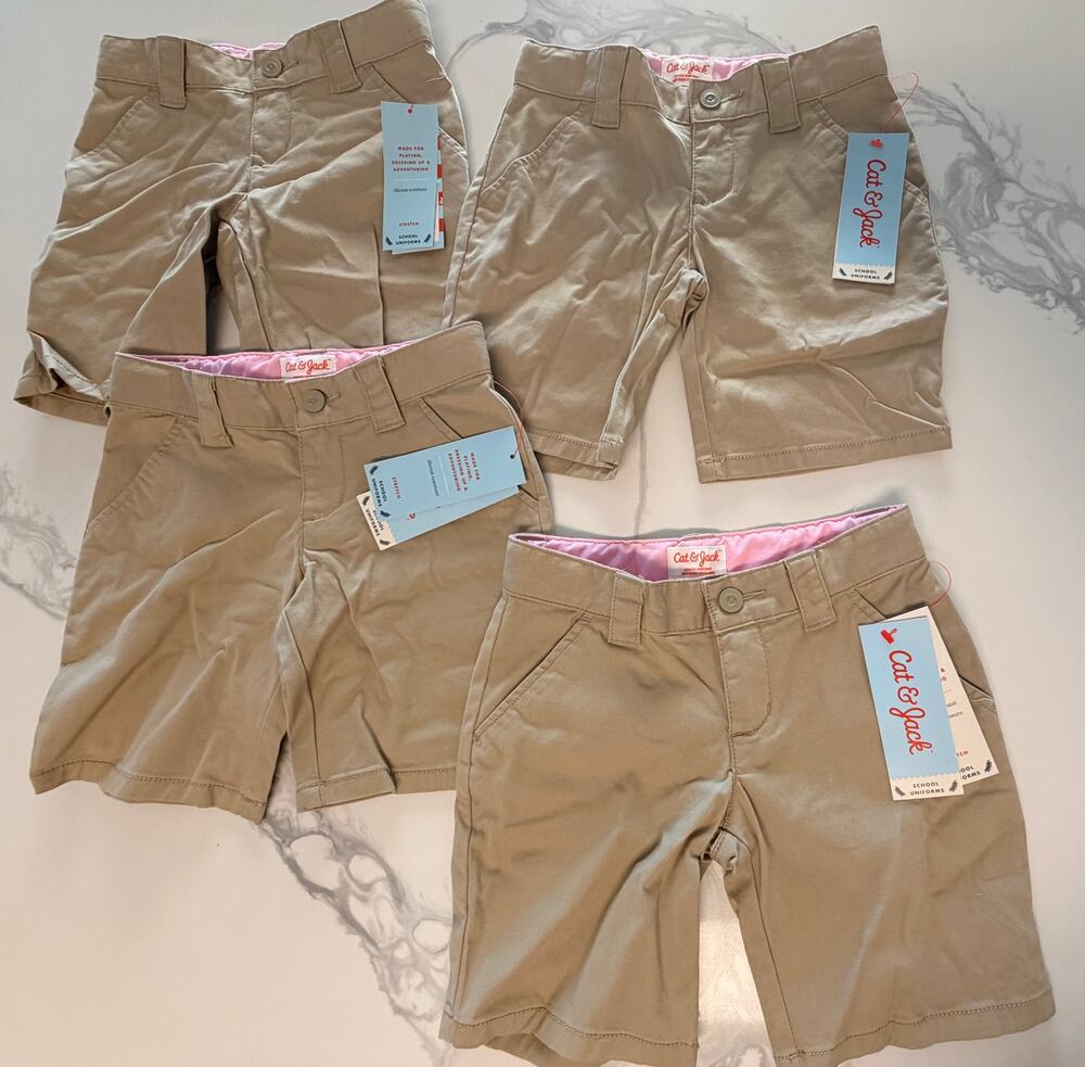 Cat & Jack Girls School Uniform Shorts Lot of 4 Khaki Beige Size 4 Stretch NWT